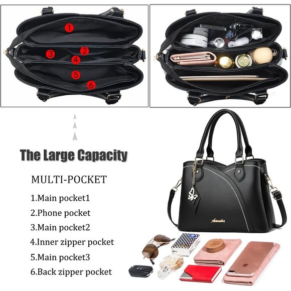 Women’s Black1 PU Leather Tote & Satchel Bag | Top Handle Crossbody Shoulder Bag - Picture 5 of 7